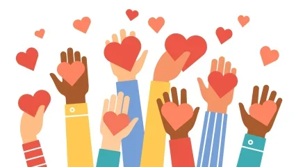 Several different hands holding red hearts.